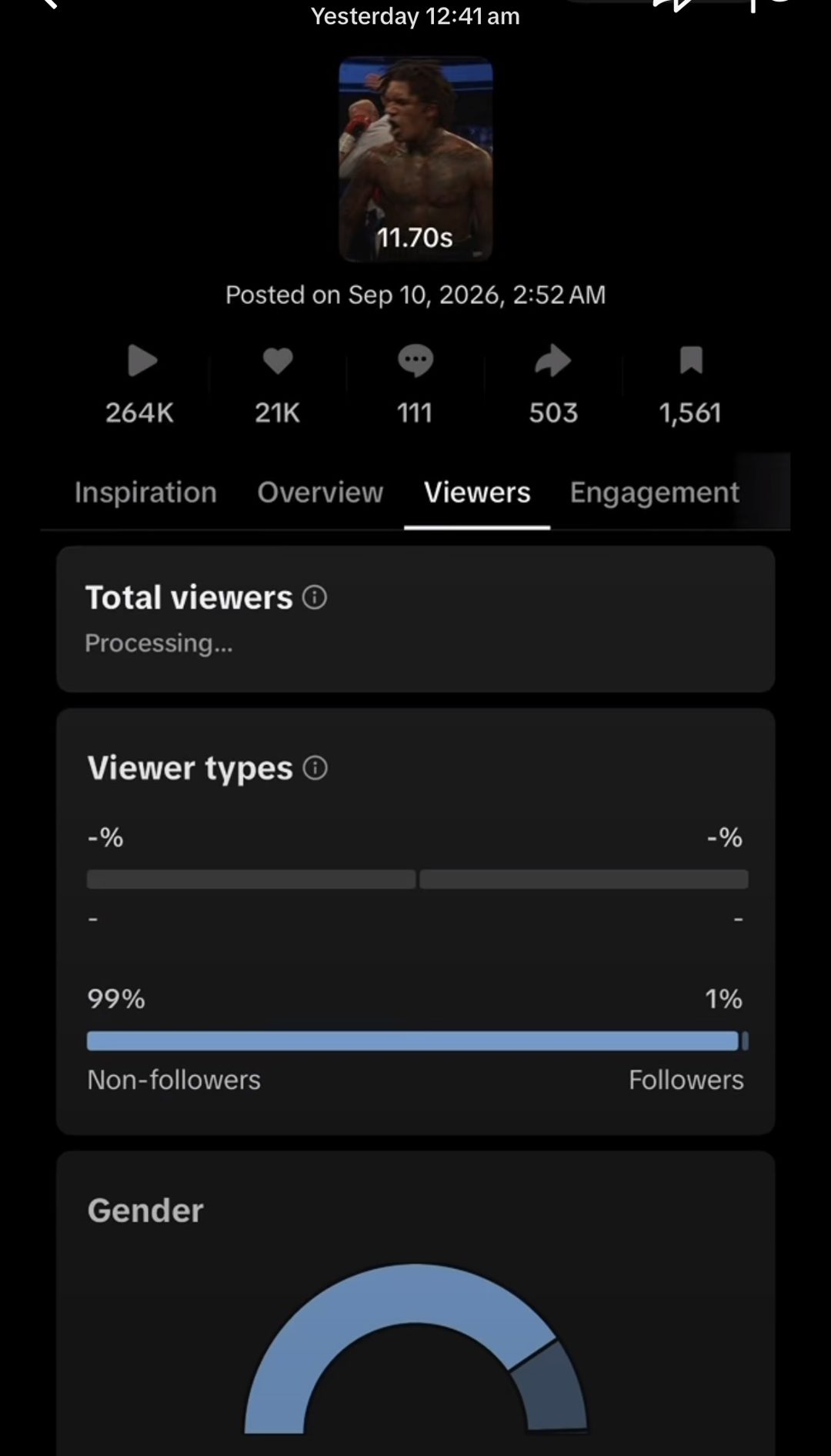 TikTok Studio viewers tab: 264K views, 21K likes, 503 shares, 1,561 saves, 99% non-followers, posted Sep 10 2026