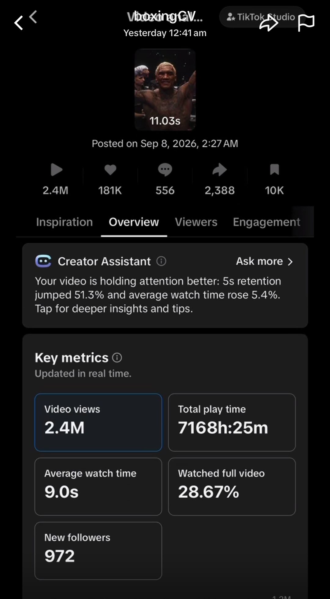 TikTok Studio analytics: 2.4M views, 7168h 25m total play time, 9.0s average watch, 28.67% watched full video, 972 new followers, posted Sep 8 2026