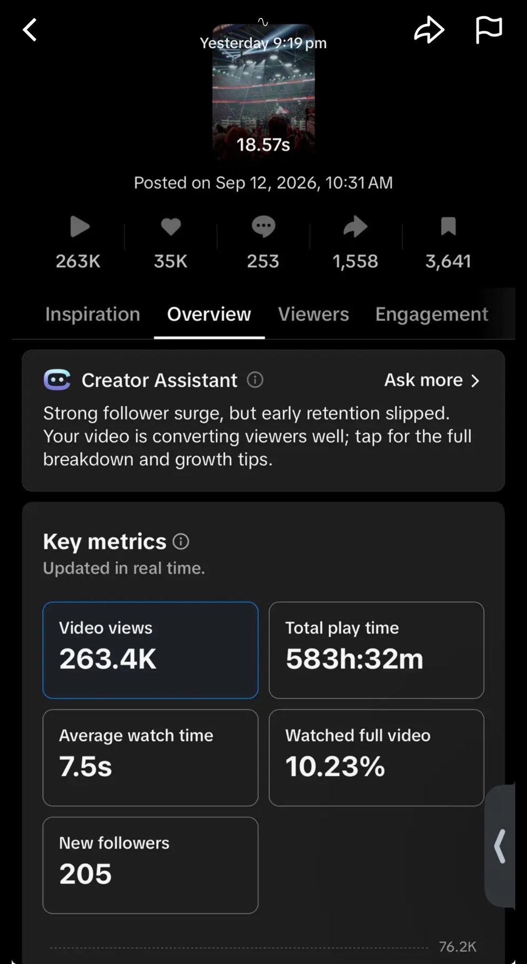 TikTok Studio analytics: 263.4K views, 583h 32m total play time, 7.5s average watch, 10.23% watched full video, 205 new followers, posted Sep 12 2026