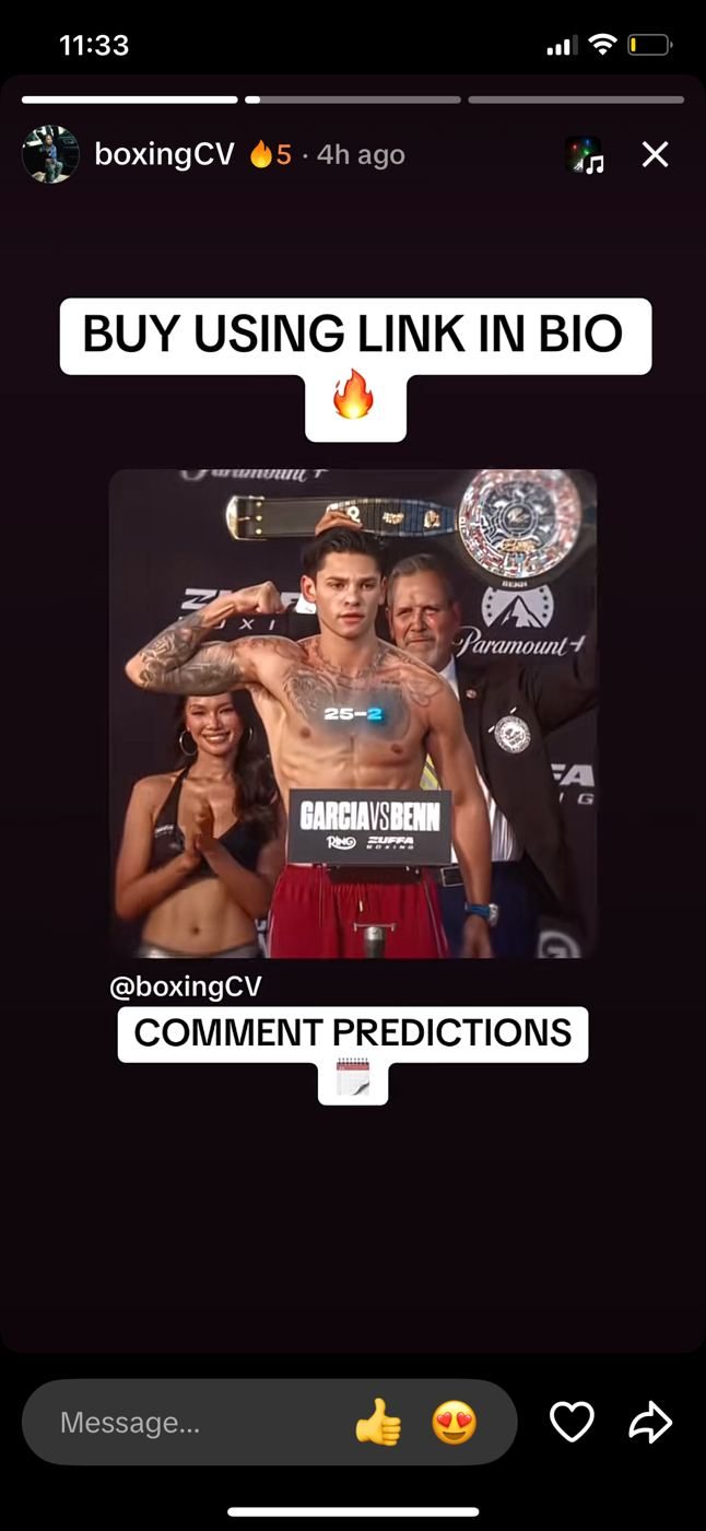 Instagram story, boxingCV, Sat 12 Sep morning: weigh-in photo, Buy using link in bio, Comment predictions