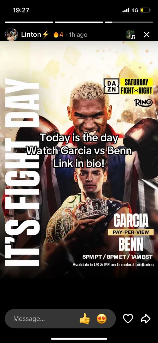 Instagram story, Linton, Sat 12 Sep evening: DAZN It's Fight Day asset, Today is the day, watch Garcia vs Benn, link in bio