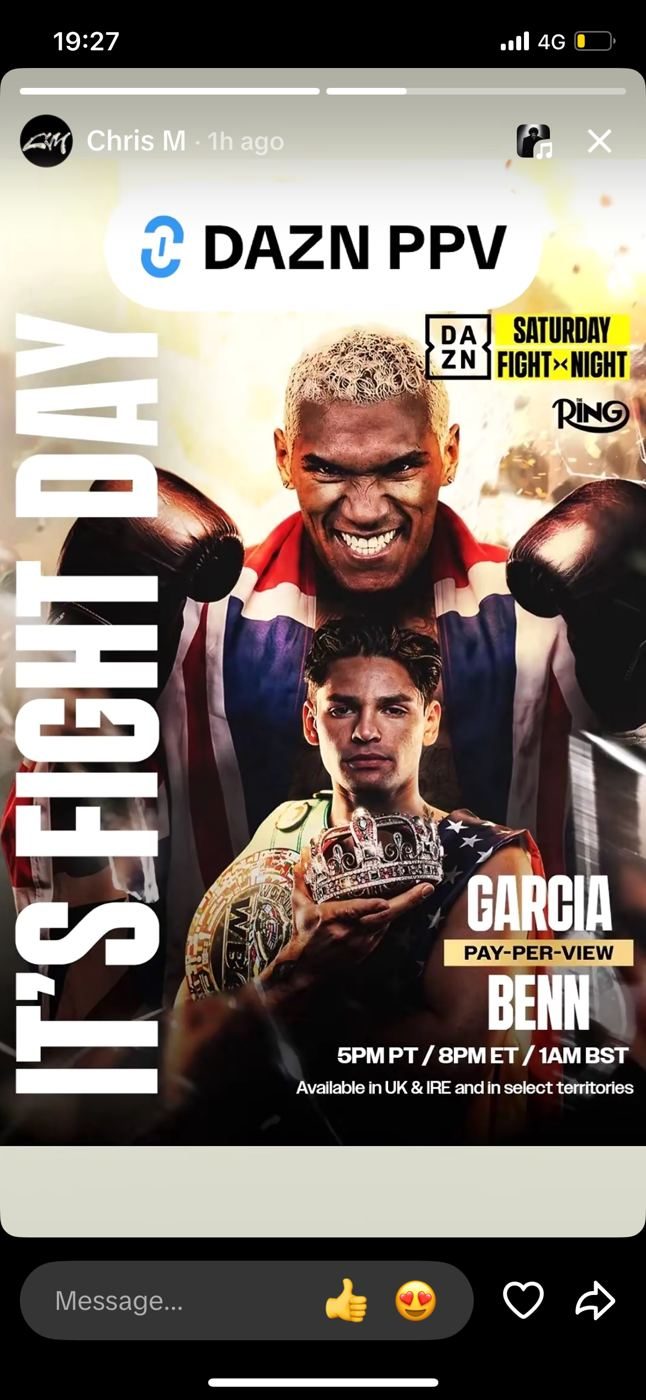 Instagram story, Chris M, Sat 12 Sep evening: DAZN It's Fight Day asset with DAZN PPV link sticker