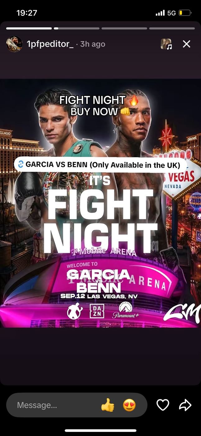 Instagram story, 1pfpeditor_, Sat 12 Sep afternoon: Fight Night Buy Now graphic with Garcia vs Benn PPV link sticker