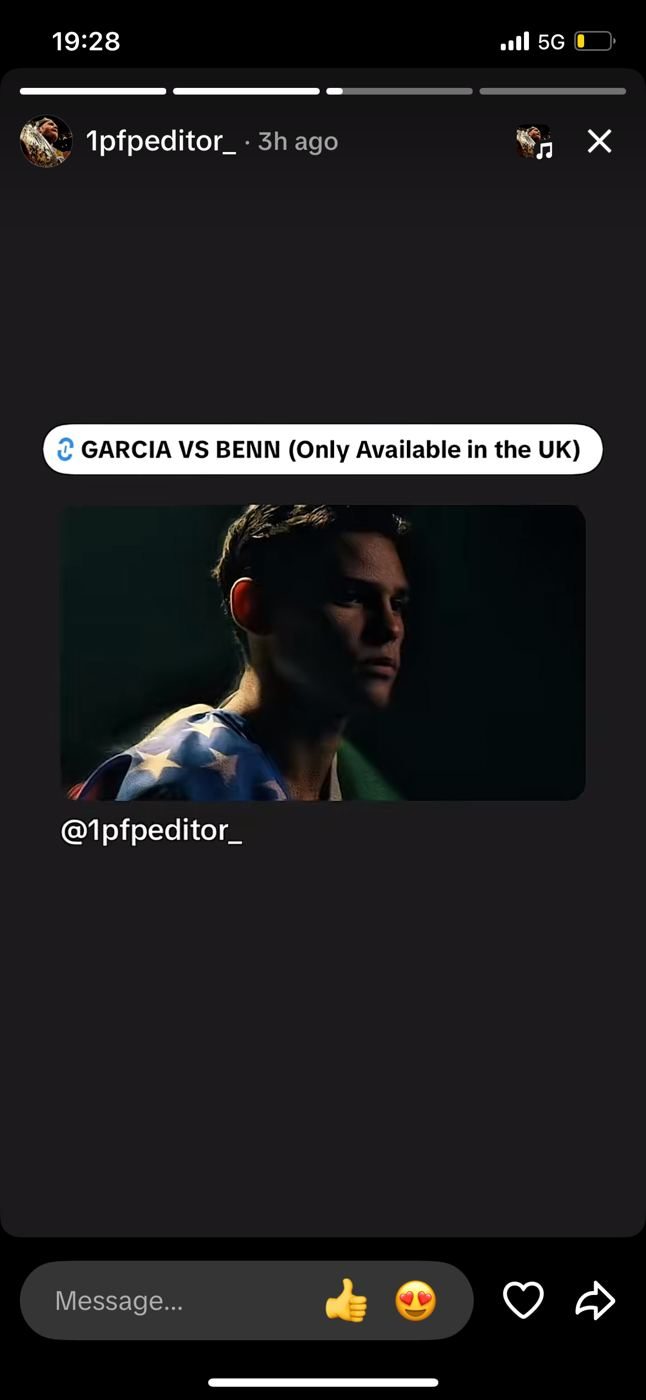 Instagram story, 1pfpeditor_, Sat 12 Sep afternoon: Garcia clip with Garcia vs Benn PPV link sticker