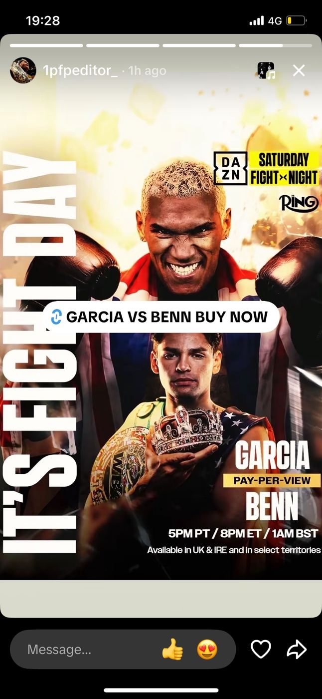 Instagram story, 1pfpeditor_, Sat 12 Sep evening: DAZN It's Fight Day asset with Garcia vs Benn Buy Now link sticker