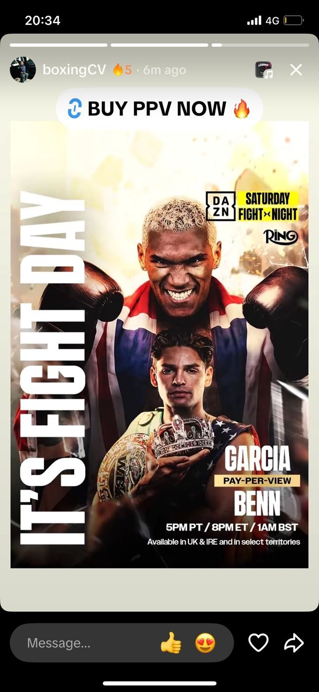 Instagram story, boxingCV, Sat 12 Sep evening: DAZN It's Fight Day asset with Buy PPV Now link sticker